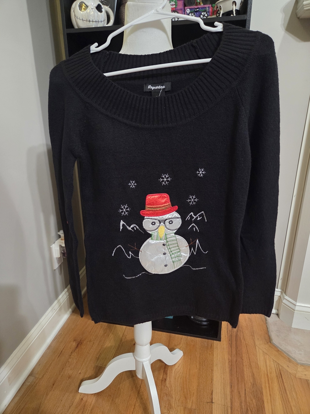 Black Snowman Crew Neck Sweater with Festive Embroidery